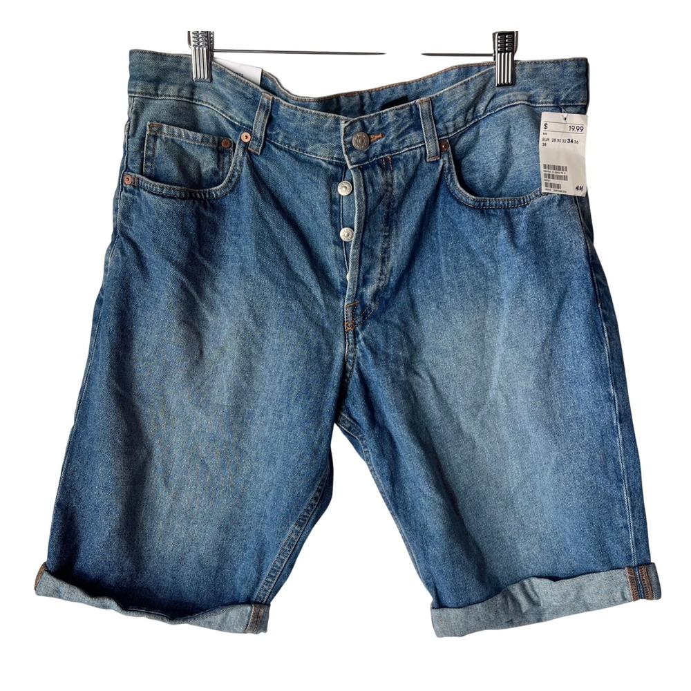 HM Denim Mens Slim Fit Shorts Blue Low Waist Button Fly Size 34 New